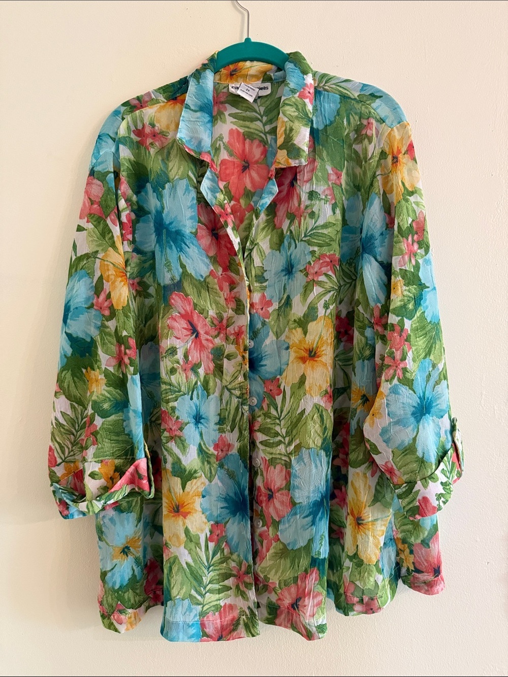 Cathy Daniels Shear Floral Button-Front Blouse in Green, Blue, Pink, Yellow-2X